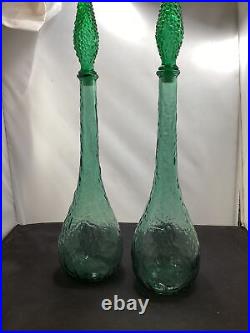 Vintage Italian Green Glass Genie Bottle Empoli Decanter 22in 70s Hobnail Pair