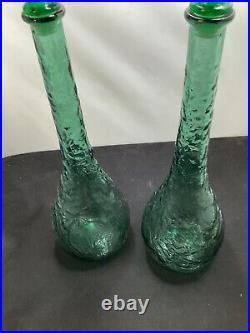 Vintage Italian Green Glass Genie Bottle Empoli Decanter 22in 70s Hobnail Pair