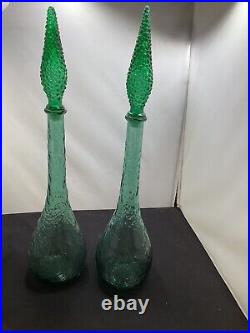 Vintage Italian Green Glass Genie Bottle Empoli Decanter 22in 70s Hobnail Pair