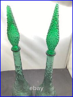 Vintage Italian Green Glass Genie Bottle Empoli Decanter 22in 70s Hobnail Pair