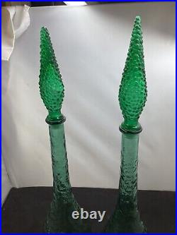 Vintage Italian Green Glass Genie Bottle Empoli Decanter 22in 70s Hobnail Pair