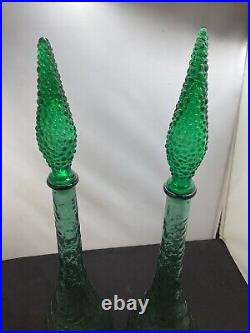 Vintage Italian Green Glass Genie Bottle Empoli Decanter 22in 70s Hobnail Pair