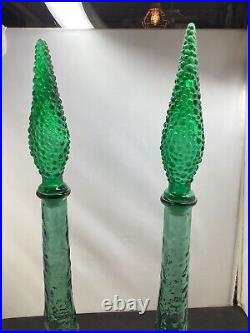 Vintage Italian Green Glass Genie Bottle Empoli Decanter 22in 70s Hobnail Pair