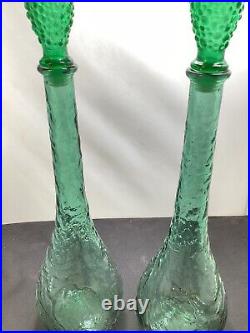 Vintage Italian Green Glass Genie Bottle Empoli Decanter 22in 70s Hobnail Pair