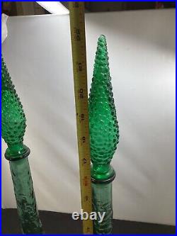 Vintage Italian Green Glass Genie Bottle Empoli Decanter 22in 70s Hobnail Pair