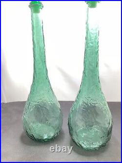 Vintage Italian Green Glass Genie Bottle Empoli Decanter 22in 70s Hobnail Pair