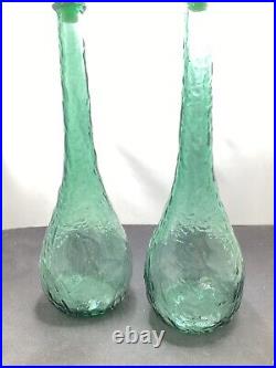 Vintage Italian Green Glass Genie Bottle Empoli Decanter 22in 70s Hobnail Pair