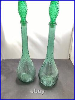 Vintage Italian Green Glass Genie Bottle Empoli Decanter 22in 70s Hobnail Pair