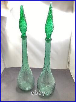 Vintage Italian Green Glass Genie Bottle Empoli Decanter 22in 70s Hobnail Pair