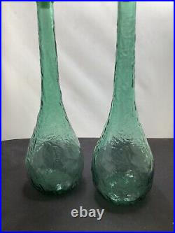 Vintage Italian Green Glass Genie Bottle Empoli Decanter 22in 70s Hobnail Pair