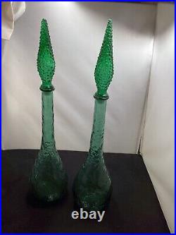 Vintage Italian Green Glass Genie Bottle Empoli Decanter 22in 70s Hobnail Pair