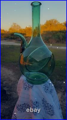 Vintage Italian Green Glass Wine Decanter Hand Blown With Ice Chamber