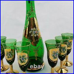 Vintage Italian MCM Green Gold Gilded Decanter with 6 Sherry Cordial Glasses