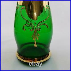 Vintage Italian MCM Green Gold Gilded Decanter with 6 Sherry Cordial Glasses