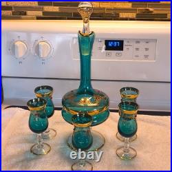 Vintage Italian Murano Aqua Blue Decanter 5 Glasses accented 24k Gold, Jewels