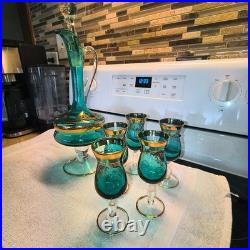 Vintage Italian Murano Aqua Blue Decanter 5 Glasses accented 24k Gold, Jewels