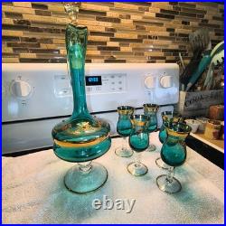 Vintage Italian Murano Aqua Blue Decanter 5 Glasses accented 24k Gold, Jewels