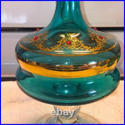 Vintage Italian Murano Aqua Blue Decanter 5 Glasses accented 24k Gold, Jewels