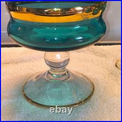 Vintage Italian Murano Aqua Blue Decanter 5 Glasses accented 24k Gold, Jewels