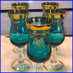 Vintage Italian Murano Aqua Blue Decanter 5 Glasses accented 24k Gold, Jewels