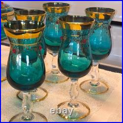 Vintage Italian Murano Aqua Blue Decanter 5 Glasses accented 24k Gold, Jewels