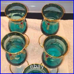 Vintage Italian Murano Aqua Blue Decanter 5 Glasses accented 24k Gold, Jewels