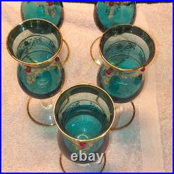 Vintage Italian Murano Aqua Blue Decanter 5 Glasses accented 24k Gold, Jewels