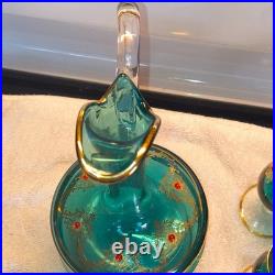 Vintage Italian Murano Aqua Blue Decanter 5 Glasses accented 24k Gold, Jewels