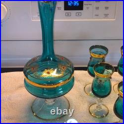 Vintage Italian Murano Aqua Blue Decanter 5 Glasses accented 24k Gold, Jewels