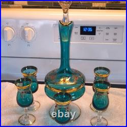 Vintage Italian Murano Aqua Blue Decanter 5 Glasses accented 24k Gold, Jewels