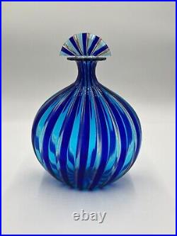 Vintage Italian Murano Art Glass Decanter -Blue, Teal, & Rose gold stripes 11 H