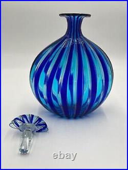 Vintage Italian Murano Art Glass Decanter -Blue, Teal, & Rose gold stripes 11 H