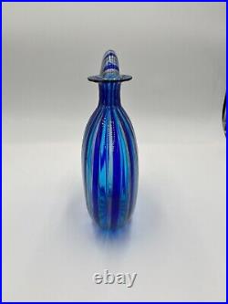 Vintage Italian Murano Art Glass Decanter -Blue, Teal, & Rose gold stripes 11 H