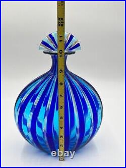 Vintage Italian Murano Art Glass Decanter -Blue, Teal, & Rose gold stripes 11 H