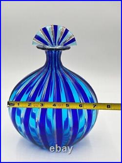 Vintage Italian Murano Art Glass Decanter -Blue, Teal, & Rose gold stripes 11 H