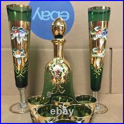 Vintage Italian Murano Green 24kt Gold Gilded Decanter Two Flutes with 6 Glasses
