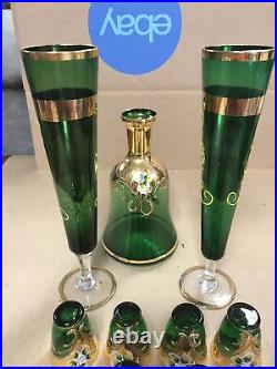 Vintage Italian Murano Green 24kt Gold Gilded Decanter Two Flutes with 6 Glasses