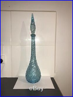 Vintage Italian Rare Light Blue Hobnail Glass Genie Bottle Decanter With Stopper