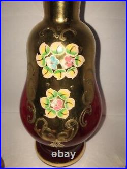 Vintage Italian Red & Gold Glass Decanter 6 Shot Glasses Ornate Enamel Flowers