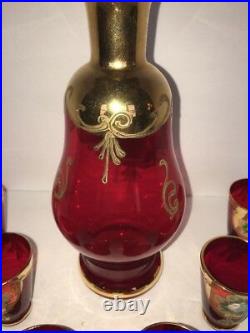 Vintage Italian Red & Gold Glass Decanter 6 Shot Glasses Ornate Enamel Flowers