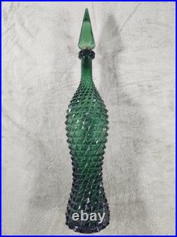 Vintage Italian Rossini Empoli Green Glass Diamond Genie Bottle Decanter 15-1/4
