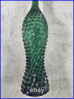 Vintage Italian Rossini Empoli Green Glass Diamond Genie Bottle Decanter 15-1/4