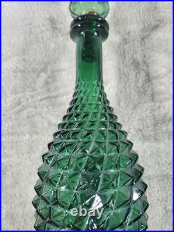 Vintage Italian Rossini Empoli Green Glass Diamond Genie Bottle Decanter 15-1/4