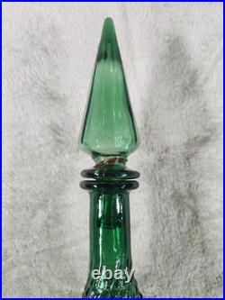 Vintage Italian Rossini Empoli Green Glass Diamond Genie Bottle Decanter 15-1/4