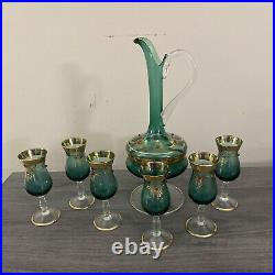 Vintage Italian Venetian Murano Blue Gold 24K Decanter With 6 Glasses