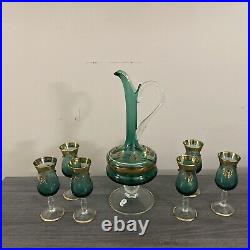 Vintage Italian Venetian Murano Blue Gold 24K Decanter With 6 Glasses