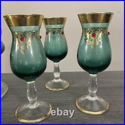 Vintage Italian Venetian Murano Blue Gold 24K Decanter With 6 Glasses