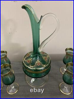 Vintage Italian Venetian Murano Blue Gold 24K Decanter With 6 Glasses