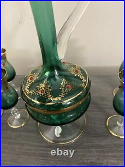 Vintage Italian Venetian Murano Blue Gold 24K Decanter With 6 Glasses