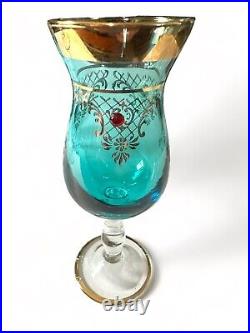 Vintage Italian Venetian Murano Blue Gold 24K Decanter With 6 Glasses Bohemian EUC